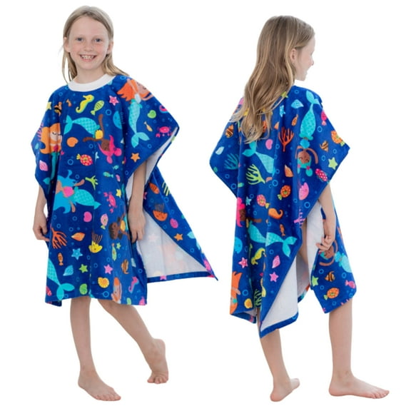 Tee Tops, Wearable Beach Towel Poncho for Kids, Changing Robe, 100% Cotton, Mermaid