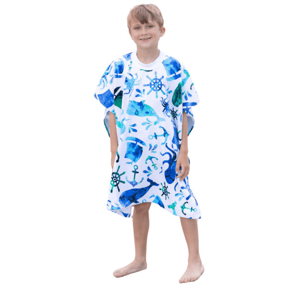 Tee Tops, Wearable Beach Towel Poncho for Kids, Changing Robe, 100% Cotton, Whale