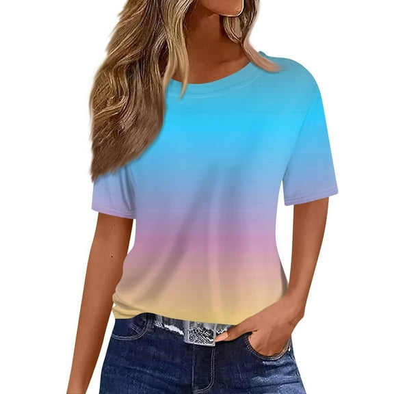 Tee Tops for Women Trendy Gradient Print Short Sleeve Pullover T-Shirts Classic Fit Pullovers Casual Summer Outfits Clothes 2025