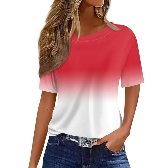 Tee Tops for Women Trendy Gradient Print Short Sleeve Pullover T-Shirts Classic Fit Pullovers Casual Summer Outfits Clothes 2025