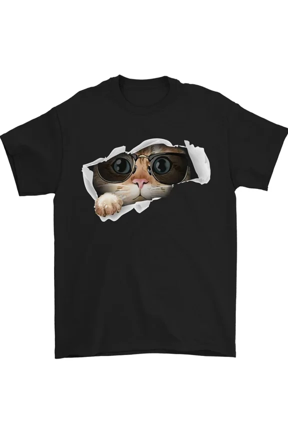 Tee With A Cat Peeking From A Ripped Top Mens Womens S-5XL T-Shirt