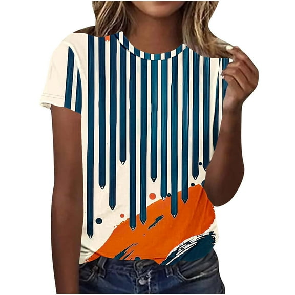 Tee for Women 2025 Cute Print Short Sleeve Tunic Tshirt Cotton Crewneck Blouse Tees Dressy Casual Shirts