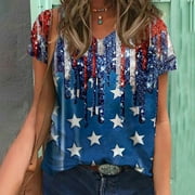 SCKARLE Tee for Women Trendy Couple Summer New Independence Day Flag Print Shirts Casual Short Sleeve V Neck Top for Women