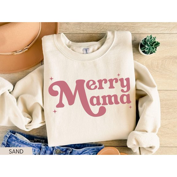 TeeFit Merry Mama Sweatshirt, Retro Mama Sweater, Mom Crewneck, Trendy Sweatshirt For Mom TSHIRT All Size S-5XL
