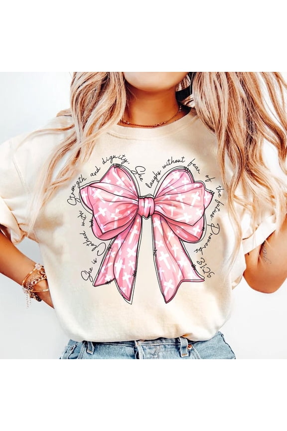 Proverbs She is Clothed with Strength Coquette Bow Light Pink , Preppy Design, Coquette Bow Design, Bible Verse , Christian girls TSHIRT All Size S-5XL