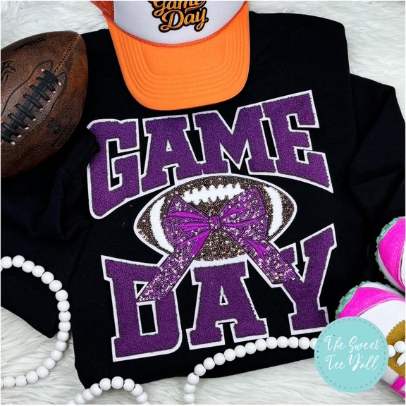 TeeFit Purple Game Day Sequins Chenille Patch Crewneck Sweatshirt - Game Day Sweatshirt - Football Sweatshirt - Football Bow - Highschool Football All Size S-5XL