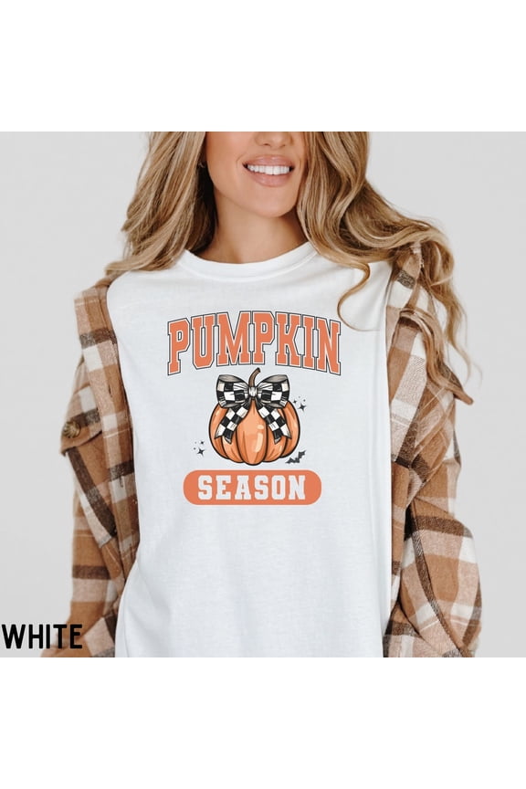 Retro Fall T-Shirt, Pumpkin Season Shirt, Vintage Autumn Crewneck, Pumpkin Bow, Women'S Fall Clothing, Cute Winter Holiday Top, College Style Tee TSHIRT All Size S-5XL