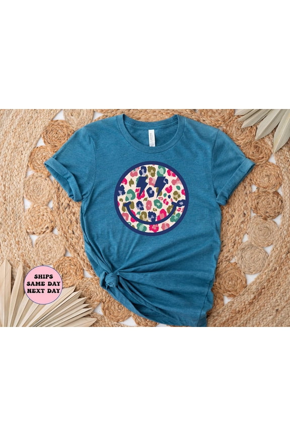 Retro Leopard Smiley Face T-Shirt: Hippie Star Bolt TeeT-shirt and Sweatshirt All Size S-5XL