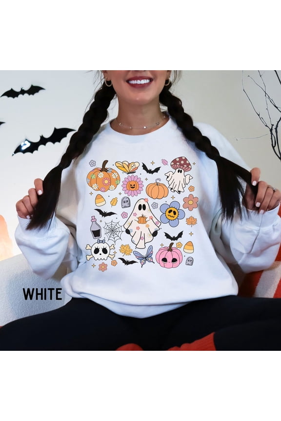 Retro Winter Holiday Doodles Sweatshirt, Groovy Ghost Shirt, Spooky Season Vibes, Cute Winter Holiday Sweater, Boho Pumpkin, Women'S Fall Clothing SWEATSHIRT All Size S-5XL
