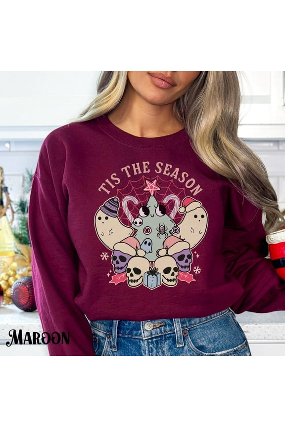 Spooky Winter Holiday Sweatshirt, Skeleton Holiday Sweater, Ghost Winter Holiday Shirt, Tis The Season Unisex Sweatshirt, Creepy Pink Xmas Sweatshirt SWEATSHIRT All Size S-5XL