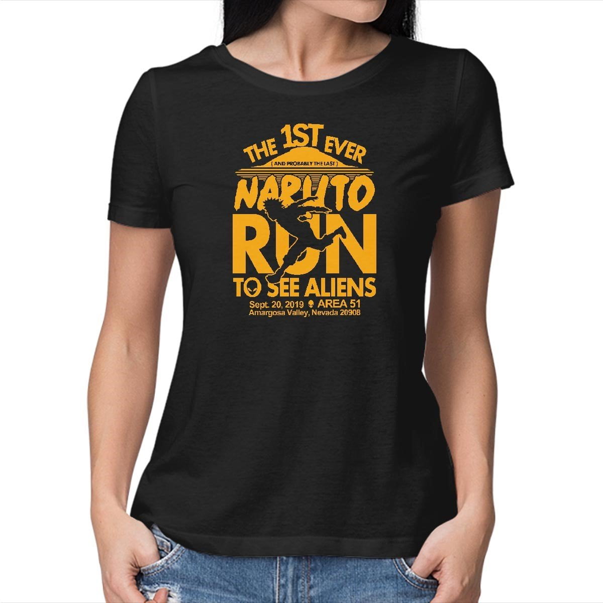 TeeFury Women’s Graphic T shirt Naruto Run for Aliens   Funny   Video Game    Black   XL