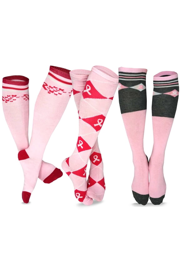 TeeHee Breast Cancer Awareness Cotton Knee High Socks for Women 3-Pack (Argyle Pink Ribbon)