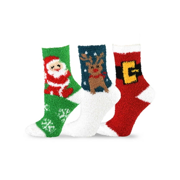 TeeHee Christmas Holiday Cozy Fuzzy Crew Socks 3-Pack for Women (Santa and Belt)