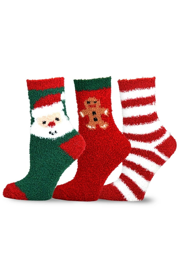 TeeHee Christmas Holiday Cozy Fuzzy Crew Socks 3-Pack for Women (Santa and Stripes)