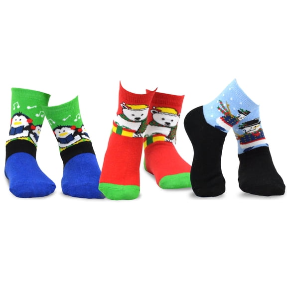 TeeHee Christmas Kids Cotton Fun Crew Socks 3-Pair Pack (3-5 Years, Snowman Penguin Bear)