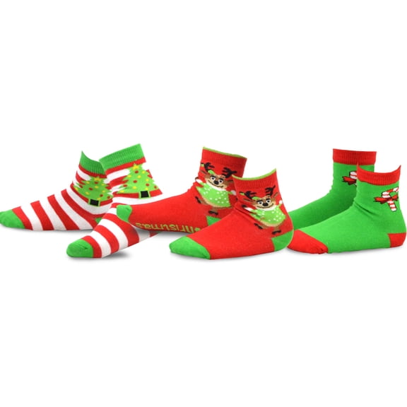 TeeHee Christmas Kids Cotton Fun Crew Socks 3-Pair Pack (9-10 Years, Reindeer Tree and Candy Cane)