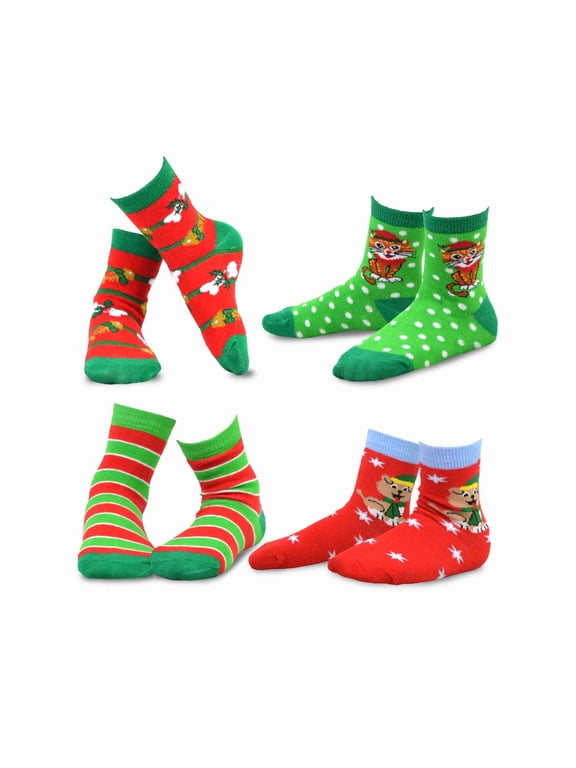 TeeHee Christmas Kids Cotton Fun Crew Socks 4-Pair Pack (3-5 Years, Cat & Dog)