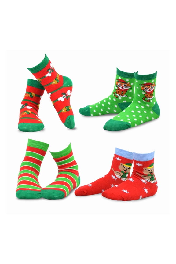 TeeHee Christmas Kids Cotton Fun Crew Socks 4-Pair Pack (6-8 Years, Cat & Dog)