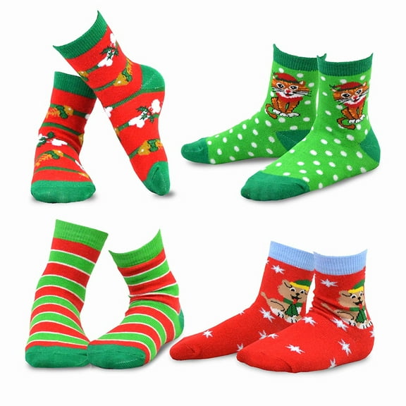 TeeHee Christmas Kids Cotton Fun Crew Socks 4-Pair Pack (9-10 Years, Cat & Dog)