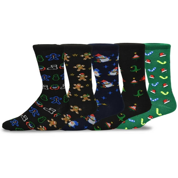 TeeHee Christmas and Holiday Fun Crew Socks for Men 5-Pack (5PK-Gingerbread Man Candies)