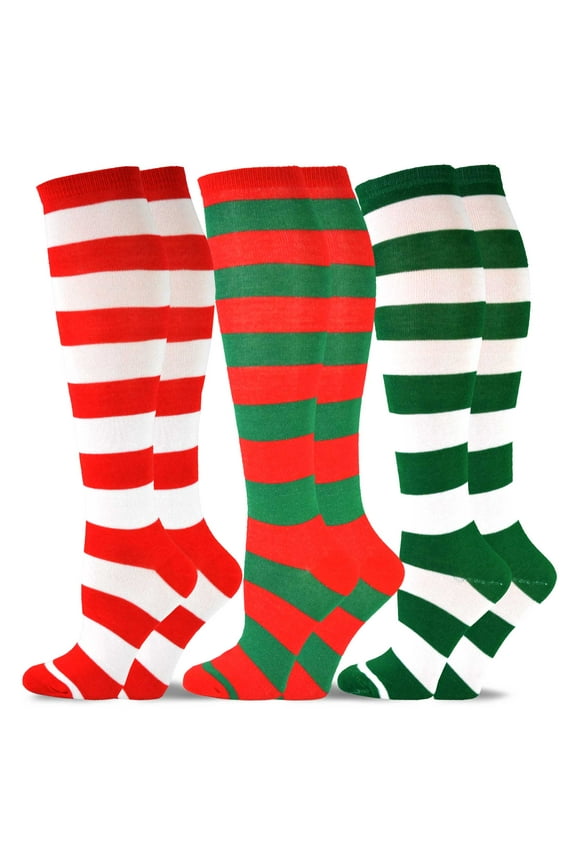 TeeHee Christmas and Holiday Fun Knee High Socks for Women 3-Pack (Rugby Stripe Candy Cane )