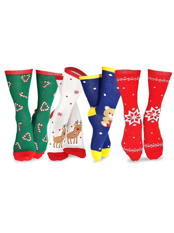 TeeHee Christmas and Holiday Fun Novelty Crew Socks for Women 4-Pairs (9-11, Teddy Bear-Candy Cane-Reindeer)