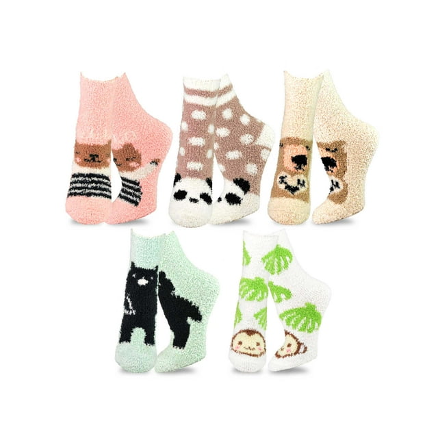 TeeHee Fashionable Cozy Fuzzy Slipper Crew Socks for Women 5-Pack