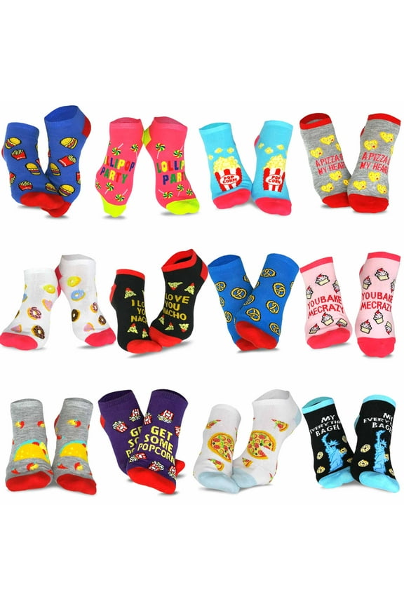 TeeHee Fun Food Taco Pizza Hamburger Socks for Women Low Cut Ankle No Show Socks 12 Pairs (Food-Letter)