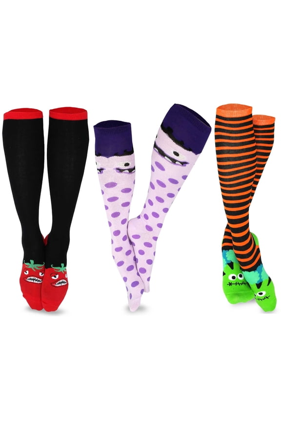 TeeHee Fun Novelty Cotton Knee High Socks for Junior and Women Multipack (Knee High-3pair_Monster Stripes)
