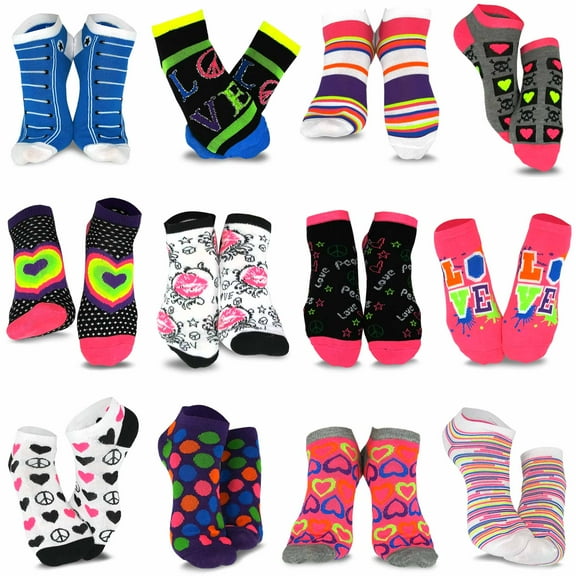 TeeHee Fun Novelty Peace Love Heart Socks for Women Low Cut Ankle No Show Socks 12 Pairs (Love Peace Rainbow Hearts)