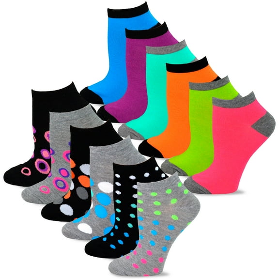 TeeHee Fun Novelty Socks for Women Low Cut Ankle No Show Socks 12 Pairs (Dots and Circles)