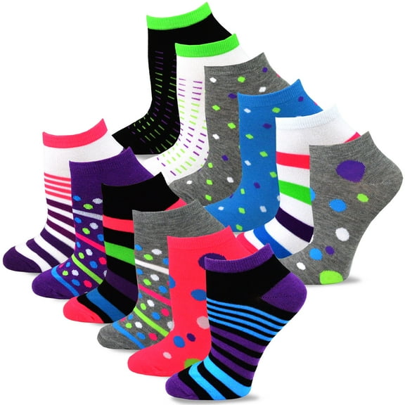 TeeHee Fun Novelty Socks for Women Low Cut Ankle No Show Socks 12 Pairs (Dots and Stripes)