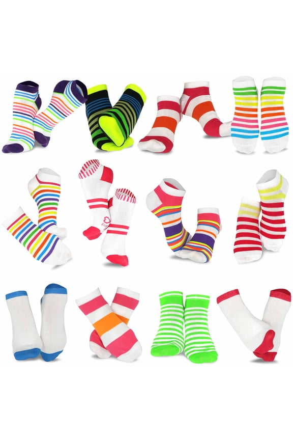 TeeHee Fun Novelty Socks for Women Low Cut Ankle No Show Socks 12 Pairs (Plain-Neon Stipes)