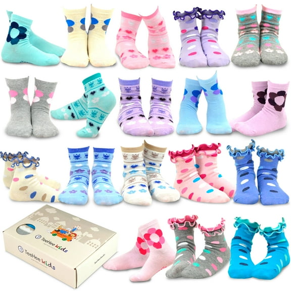 TeeHee Girls Toddler Kids Socks Cute and Fun Cotton Crew Socks 18 Pair Pack with Gift Box
