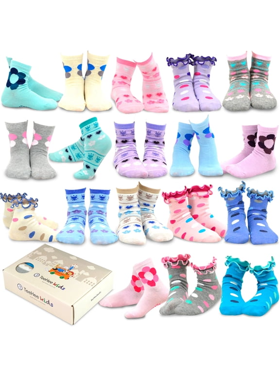 TeeHee Girls Toddler Kids Socks Cute and Fun Cotton Crew Socks 18 Pair Pack with Gift Box