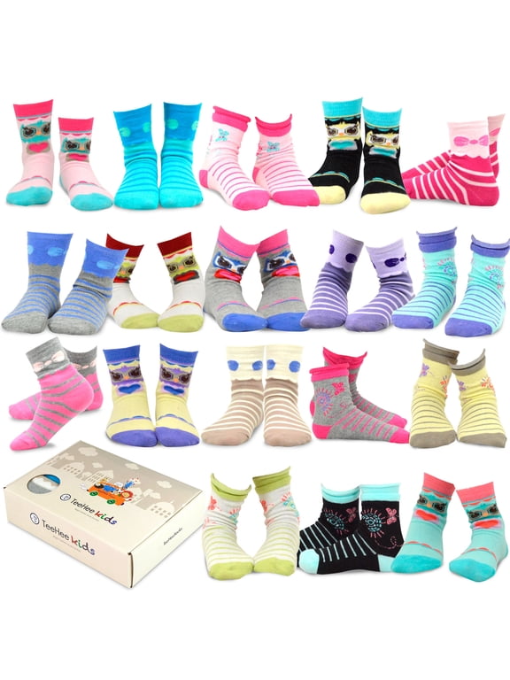 TeeHee Girls Toddler Kids Socks Cute and Fun Cotton Crew Socks 18 Pair Pack with Gift Box