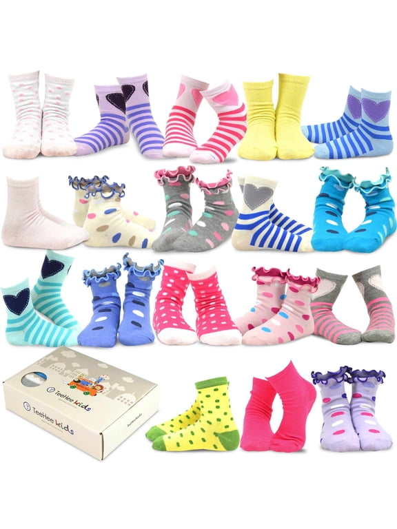 TeeHee Girls Toddler Kids Socks Cute and Fun Cotton Crew Socks 18 Pair Pack with Gift Box