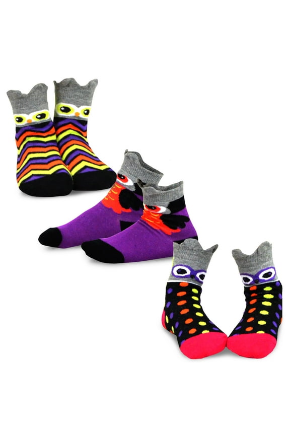 TeeHee Halloween Kids Cotton Fun Crew Socks 3-Pair Pack (3-5 Years, Owl Faces)