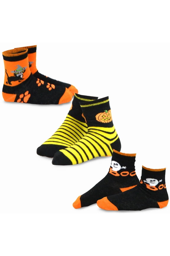 TeeHee Halloween Kids Cotton Fun Crew Socks 3-Pair Pack (9-10 Years, Witch Cat Ghost)