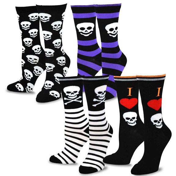 TeeHee Halloween Kids Cotton Fun Crew Socks 4-Pair Pack (12-24 Months, Skull Stripe)