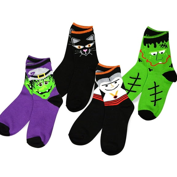 TeeHee Halloween Kids Cotton Fun Crew Socks 4-Pair Pack (3-5 Years, Scary Faces)