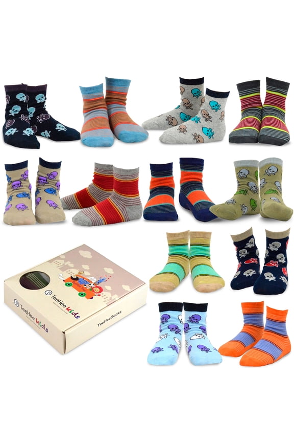TeeHee Kids Boys Cotton Fun Crew Socks 12 Pair Pack (12-24 Months, Multi Stripe & Skulls)