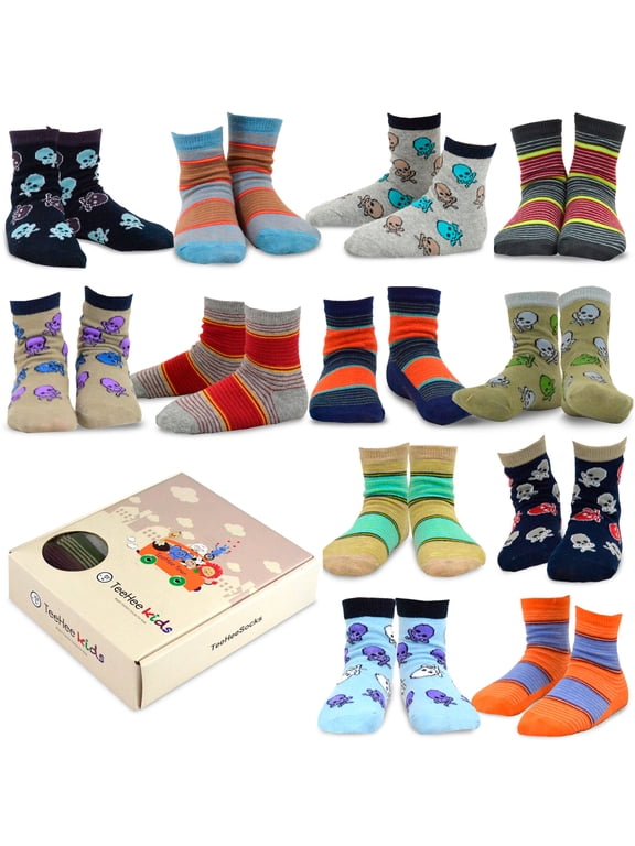 TeeHee Kids Boys Cotton Fun Crew Socks 12 Pair Pack (3-5 Years, Multi Stripe & Skulls)
