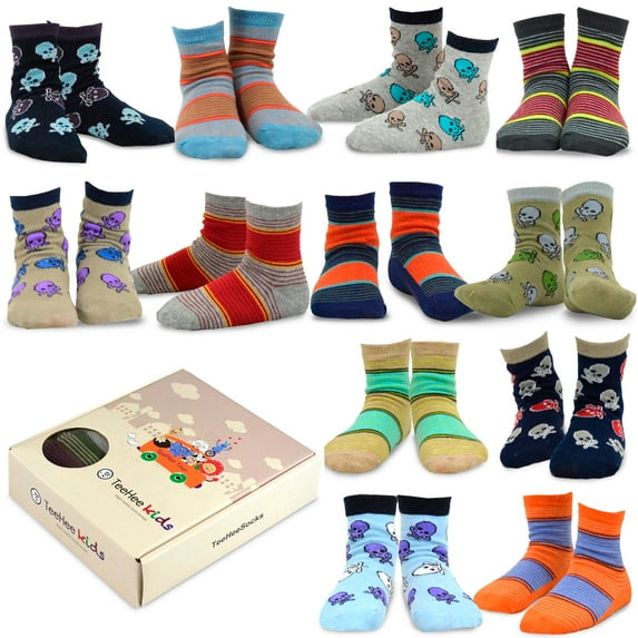 TeeHee Kids Boys Cotton Fun Crew Socks 12 Pair Pack (9-10 Years, Multi Stripe & Skulls)