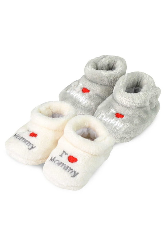 TeeHee Kids Fun and Cozy Baby Fleece Booties 2-Pack (6-12M, White & Grey)
