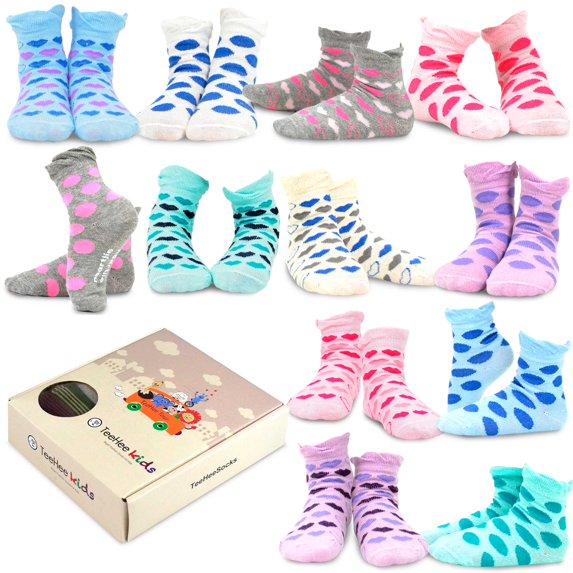 TeeHee Kids Girls Cotton Basic Crew Socks 12 Pair Pack (12-18 Months, Large Dot & Hearts)
