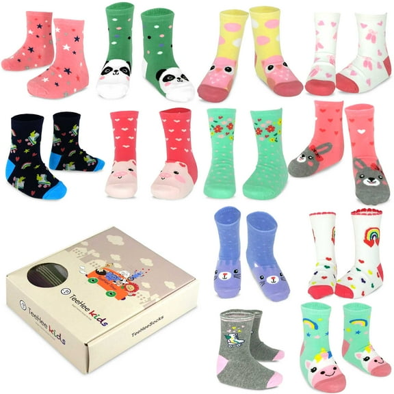 TeeHee Kids Girls Cotton Basic Crew Socks 12 Pair Pack (6-8 Years, Llama Panda Rabbit)
