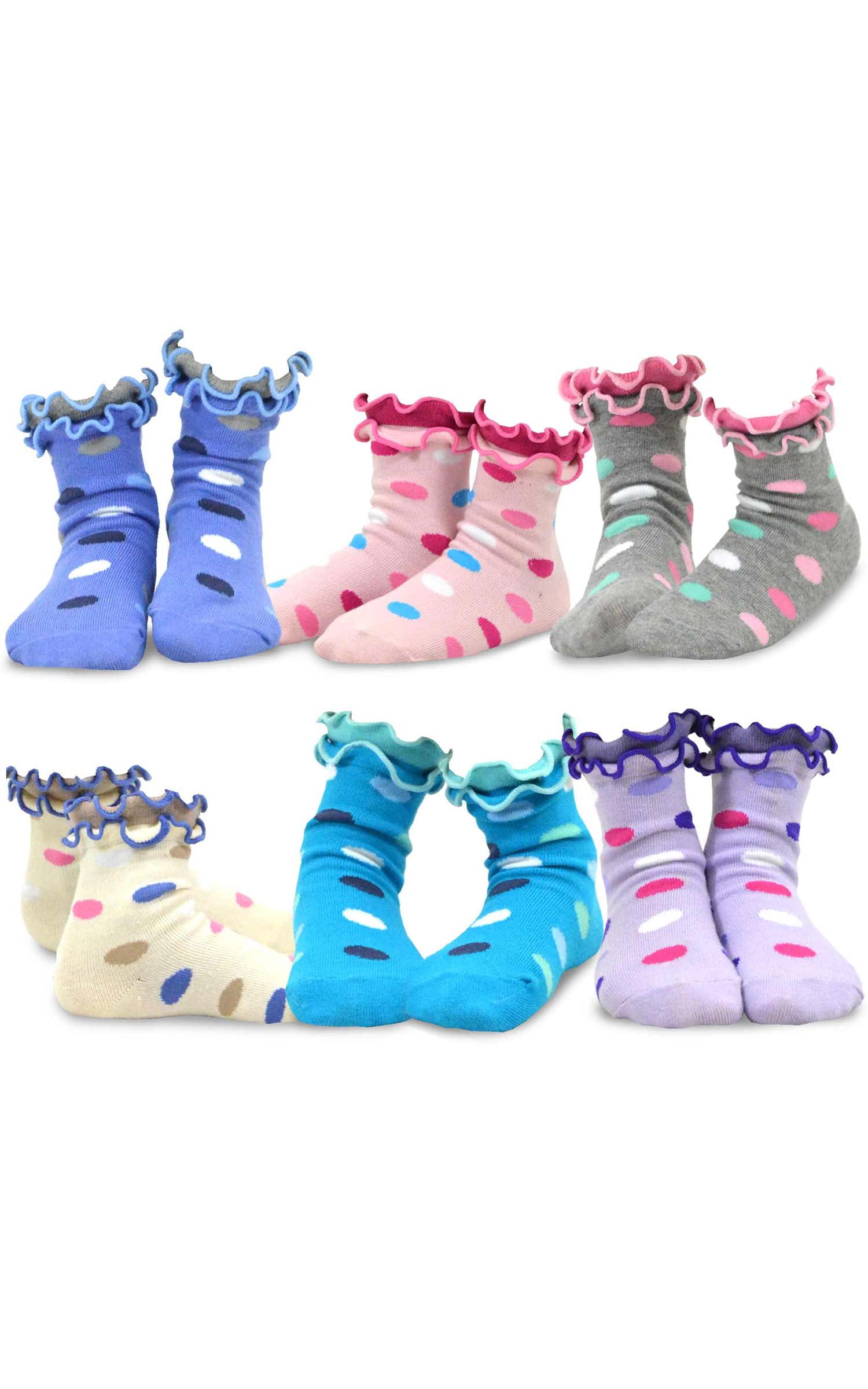 TeeHee Kids Girls Cotton Double Ruffle Crew Socks 6 Pair Pack, Non-skid ...