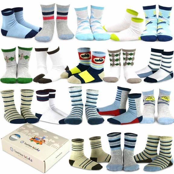 TeeHee Kids Toddler and Boys Socks Sports and Fun Cotton Crew Socks 18 Pair Pack with Gift Box