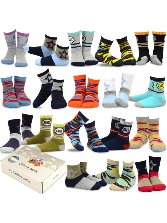 TeeHee Kids Toddler and Boys Socks Sports and Fun Cotton Crew Socks 18 Pair Pack with Gift Box
